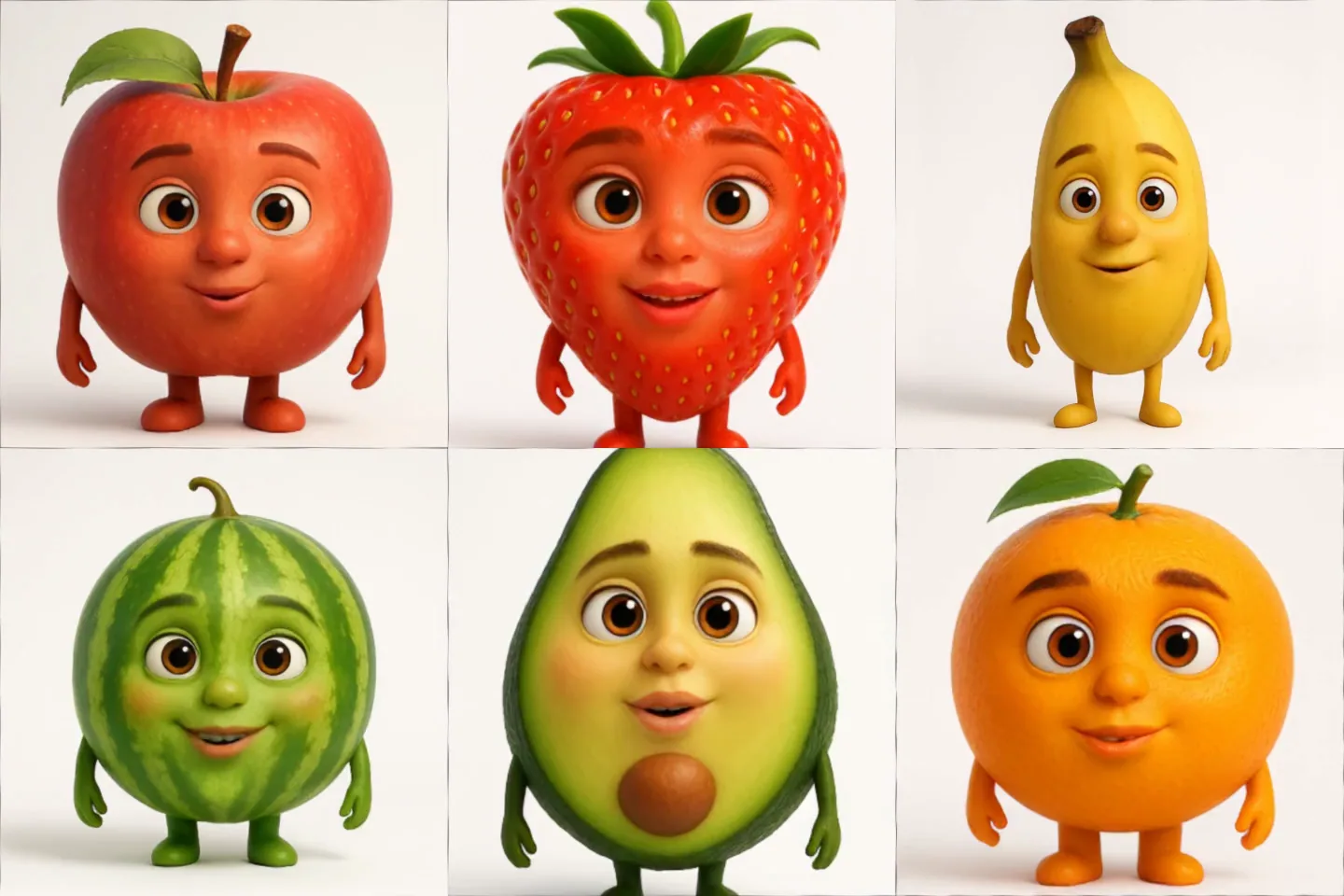 Fruit puppet characters – apple, banana, strawberry, grape, watermelon, and lemon